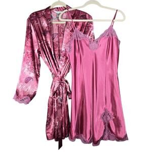 Delicates Pink Paisley Satin Robe & Chemise Set L/M Lace Trim Lingerie Romantic